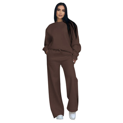 Autumn Winter Solid Color Round Neck Long Sleeve Loose Women Wear Casual Wide Leg Pants Suit