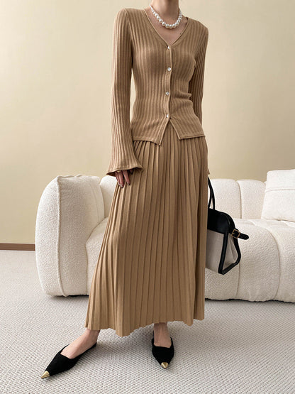 Knit Cardigan & Pleated Midi Skirt Set