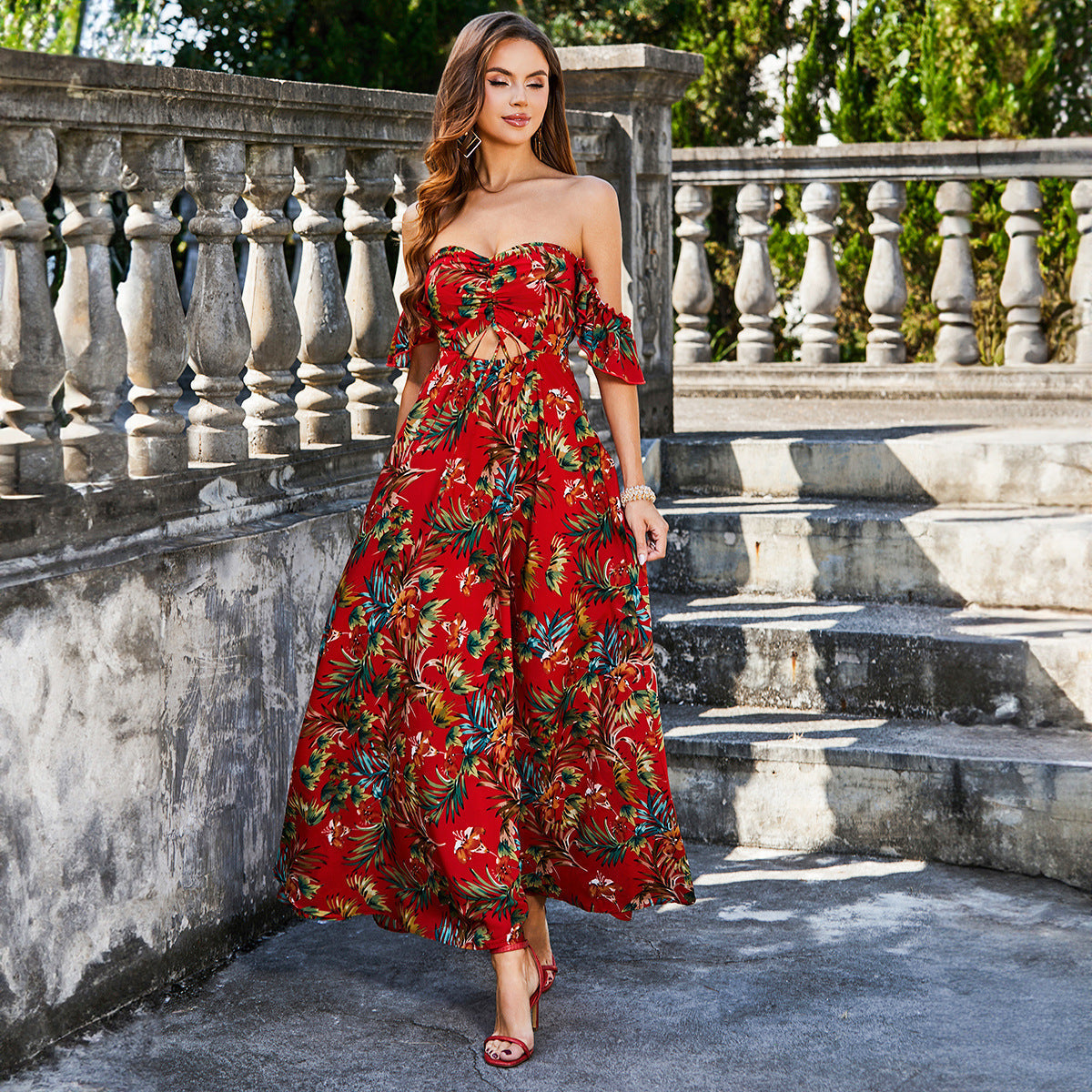 Printed Hollow Out Cutout out Tied Dress Tube Top Elegant Backless Dress