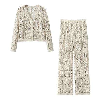 Crochet Square Pattern Button-Front Cardigan set