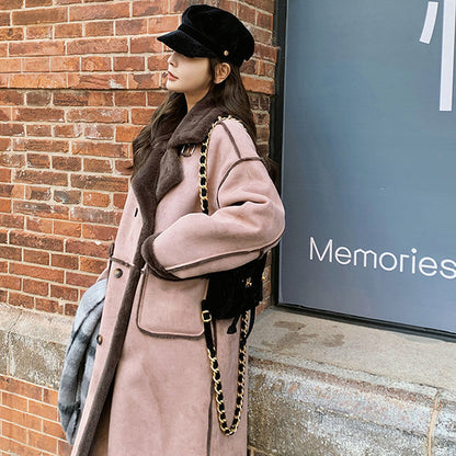 Double-Breasted Fleece Lined Faux Leather Longline Coat