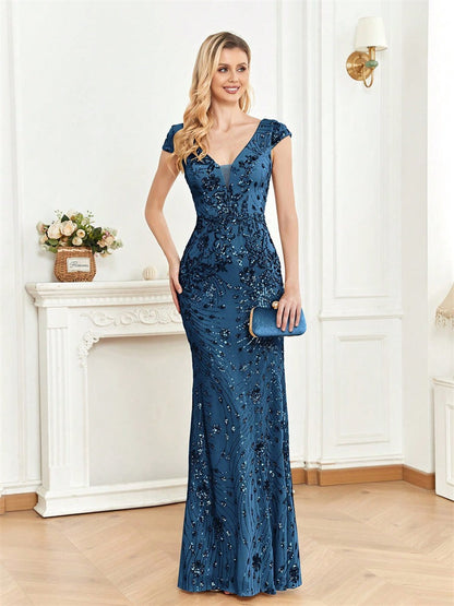 Sequined Champagne Evening Cocktail Slim Fit Fishtail Long Toast Dress