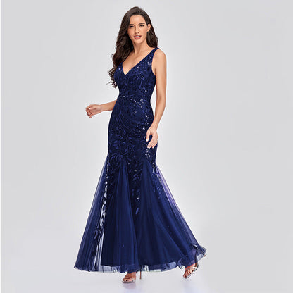 Evening Dress V neck Tulle Embroidered Sequ Mermaid Prom Formal Dress
