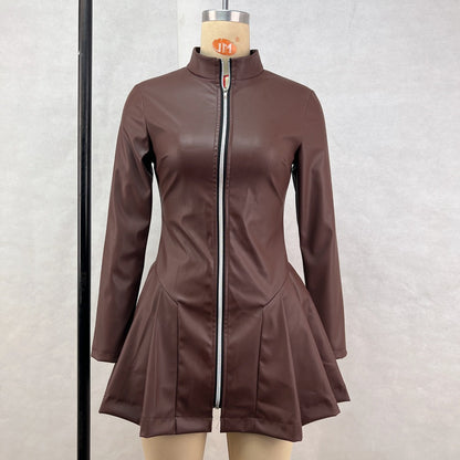 Fashionable Fitted Long Sleeve Pleated Faux Leather Zipper Dress