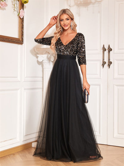 V neck Short Sleeve Sequined Tulle A line Floor Elegant Prom Evening Party Dress