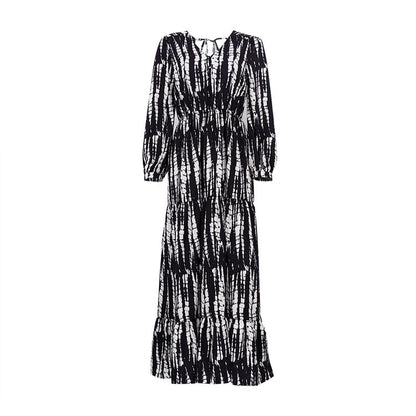 Pleating Layered Large Swing Dress Tie Dyed Printed V neck Backless Dress