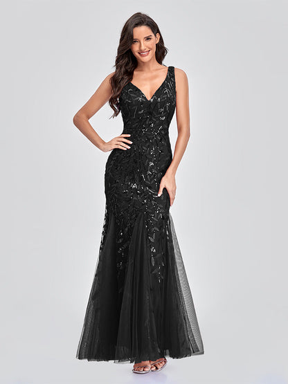 Evening Dress V neck Tulle Embroidered Sequ Mermaid Prom Formal Dress