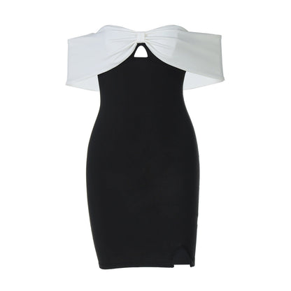 off Neck Contrast Color Tube Top Elegant Dress Slim Fit