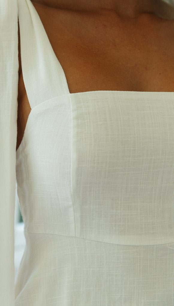 Kamila Cotton Linen Tie Strap Babydoll Dress White