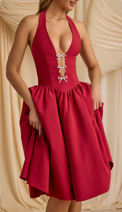 Norma Minimalist Women's Evening Dress with Deep V Neck and Bows Designer Edit