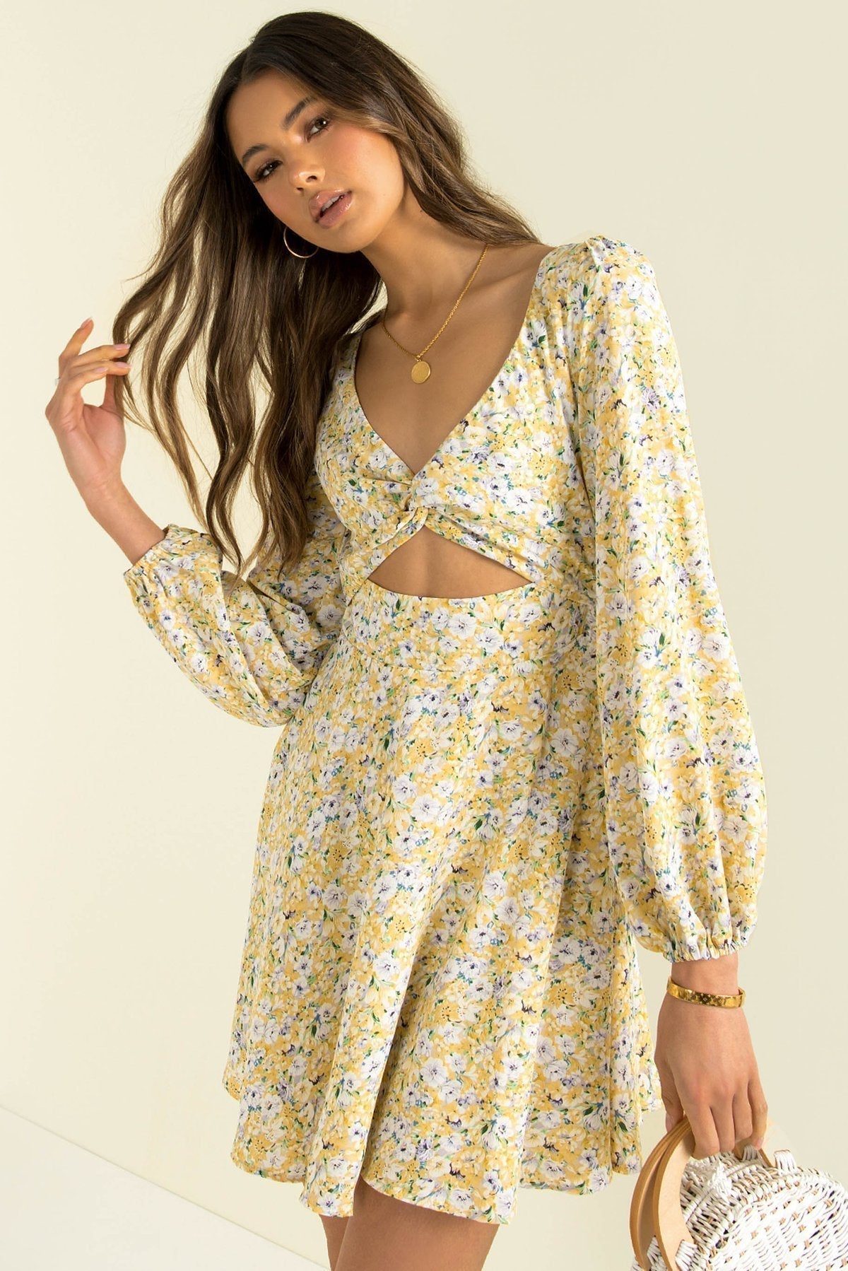 Inner Sunset Floral Smocked Cutout Dress Sage