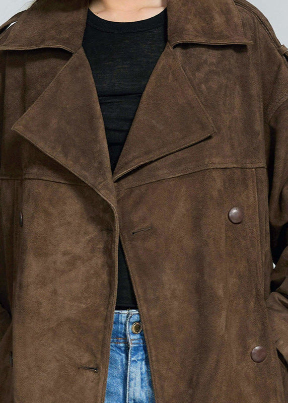Suede Belted Long Trench Coat – Oversized Double-Breasted Brown Jacket