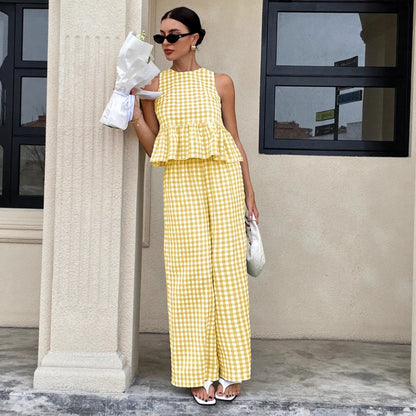 Casual round Neck Sleeveless Ruffles Top with Swing High Waist Straight Leg Pants