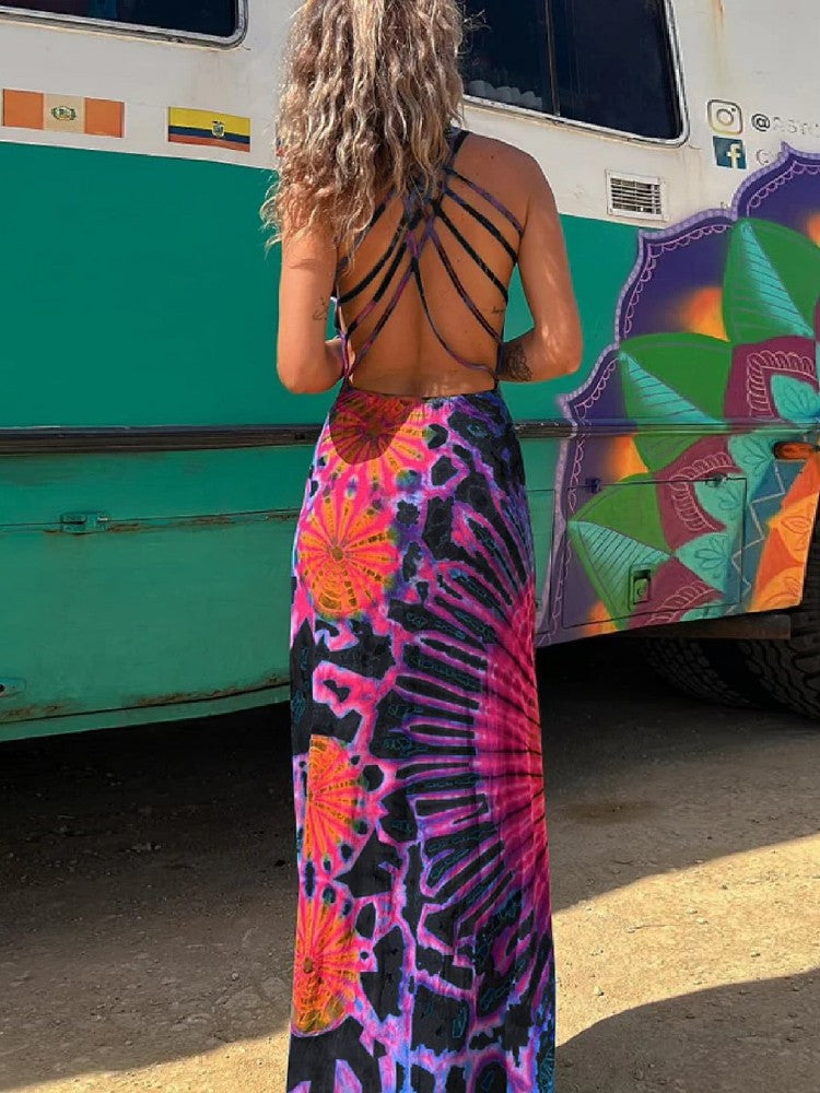 Abstract Floral Printing Backless Dress