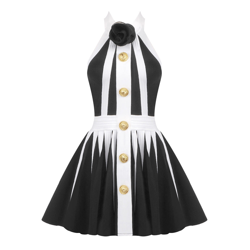 French Halter Vest Dress Waist Slimming A Expansion Dress Sleeveless Knitted Jacquard Dress