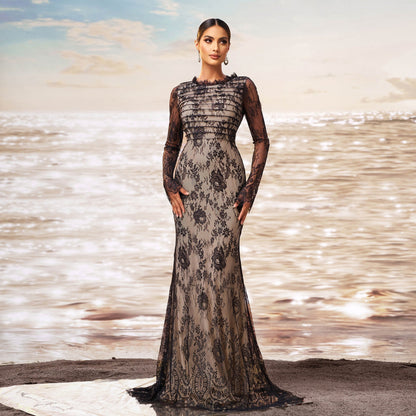 High Grade Long Sleeved round Neck Cocktail Gauzy Package Hip Fishtail Evening Dress Bridesmaid Dress