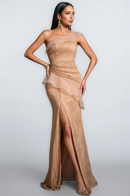 Royalty One-Shoulder Fishtail Slit Maxi Dress