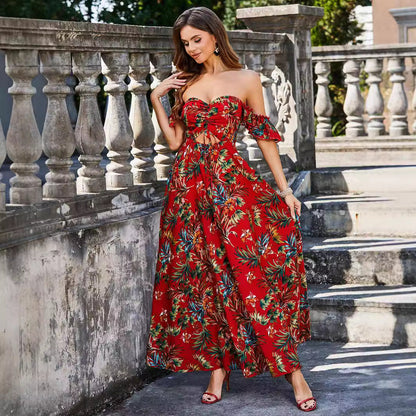 Printed Hollow Out Cutout out Tied Dress Tube Top Elegant Backless Dress