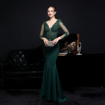 Full Craft Lace Diamond Toast Dress Bride Long Long Sleeve Appreciation Dinner Fishtail Evening Dress Formal Gown