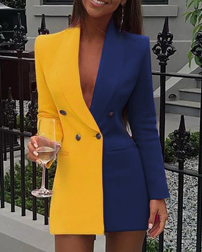 Gloria Exclusive Women's Blazer Dress with Asymmetric Color Design and Double Button Placket Elevated Occasion Wear