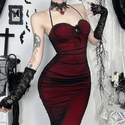 Black and red halter neck mesh dress