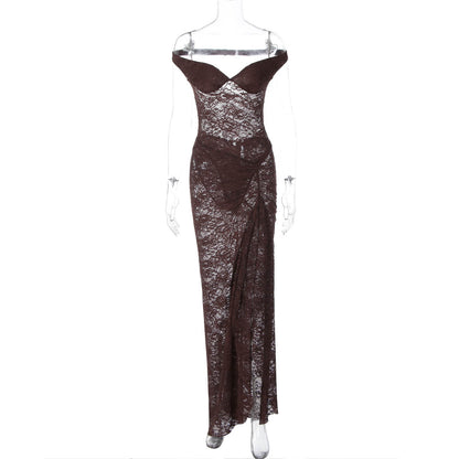 Autumn Sexy Stitching Ring Shoulder Backless Bodysuit See through Lace Split Long Skirt Set for Women