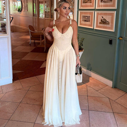 Slim V neck Backless Strap Mesh Dress