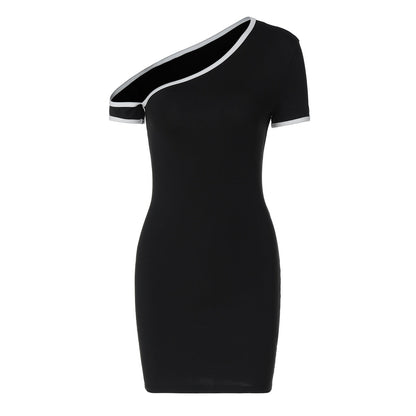 Color Contrast One Shoulder Cold Shoulder Slim Hip Dress
