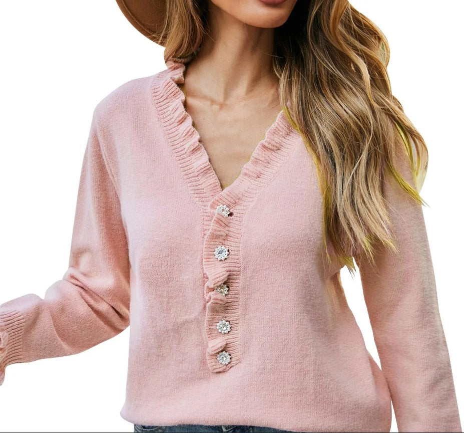 Contrast Ruffle Trim Button Sweater