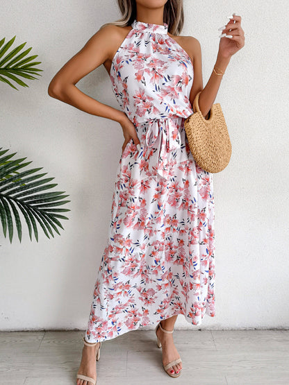 Sure Thing Floral Chiffon Halter Maxi Dress Cream FINAL