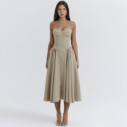 V neck Strap Mid Length Dress Waist Tight Slim Backless Dress for