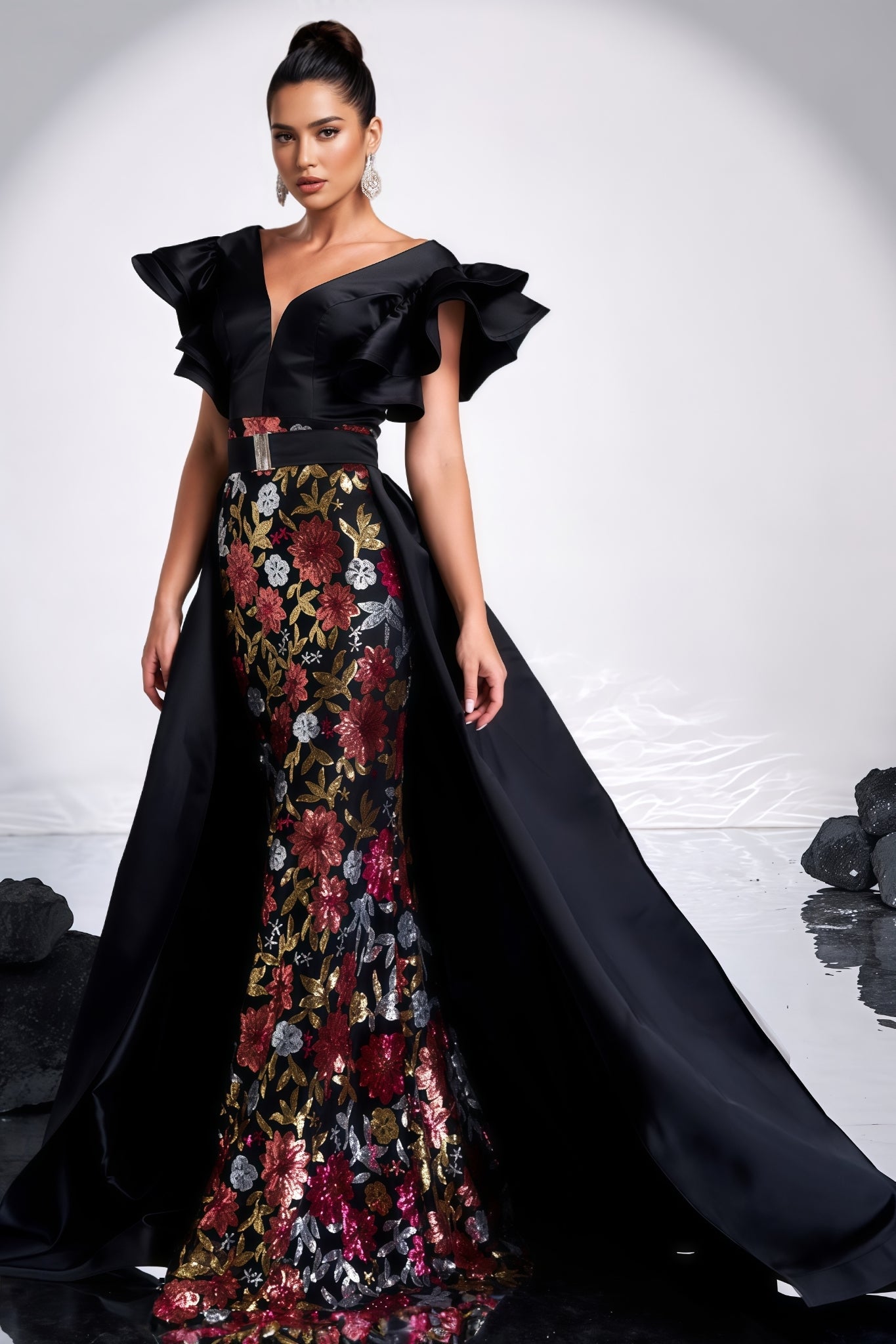 Ariasd Black Sequin Flower Maxi Dress