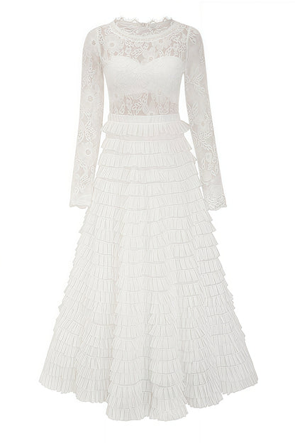 Yuio White Hollow Lace A-line Maxi Dress