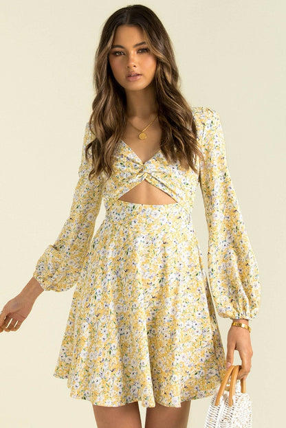 Inner Sunset Floral Smocked Cutout Dress Sage
