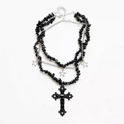 Diamond Cross Star Double Layer Hiphop Dark Necklace