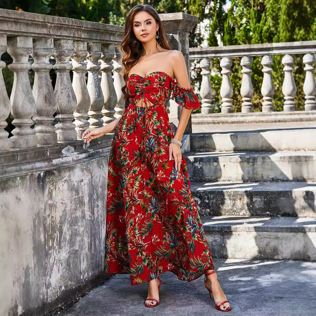 Printed Hollow Out Cutout out Tied Dress Tube Top Elegant Backless Dress