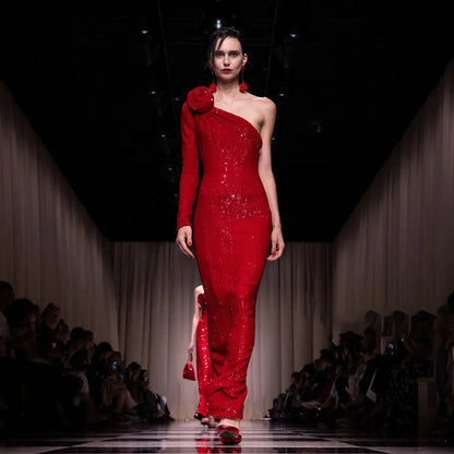 Christmas Red Three Dimensional One Shoulder Floral Sequin Formal Dress Stretch Dress Winter