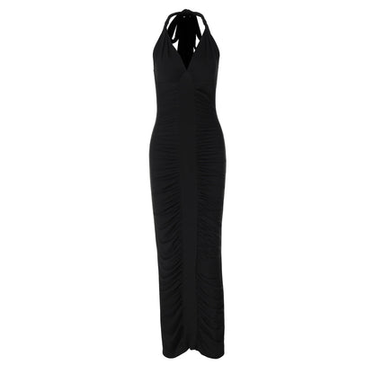 V neck Backless Lace up Slim Fit Pleated Dress