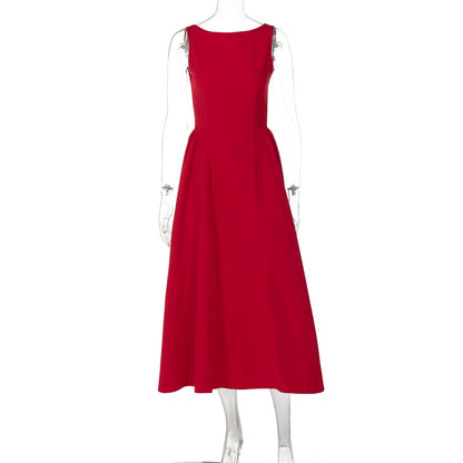 Solid Color Sleeveless Waist Slim Backless Dress