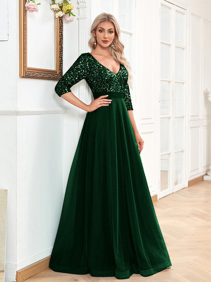 V neck Short Sleeve Sequined Tulle A line Floor Elegant Prom Evening Party Dress