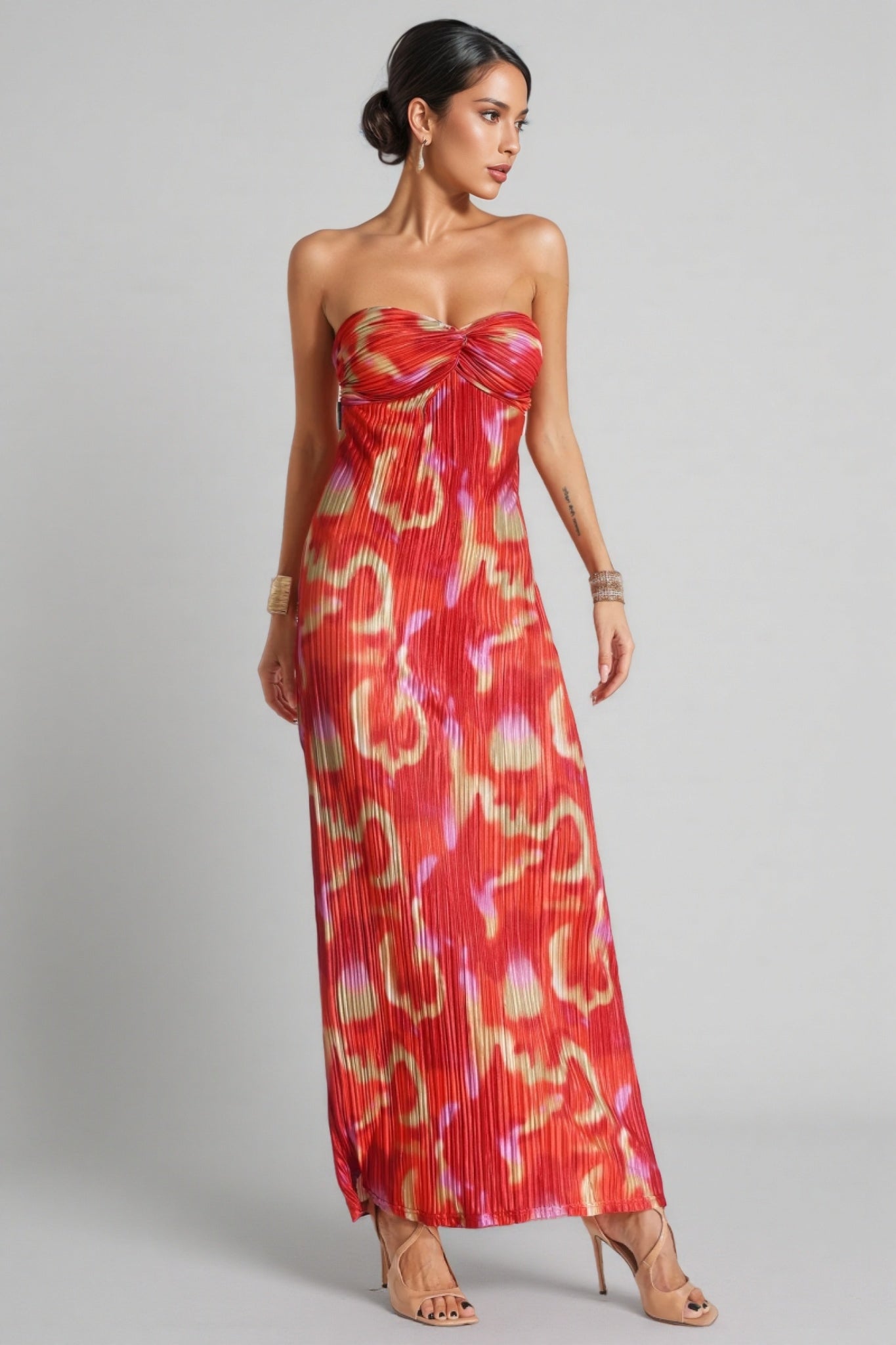 Zina Sheath Printed Pleated Maxi Dress