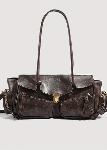 Vintage Brown Multi-Pocket Shoulder Bag – PU Leather Tote with Adjustable Strap