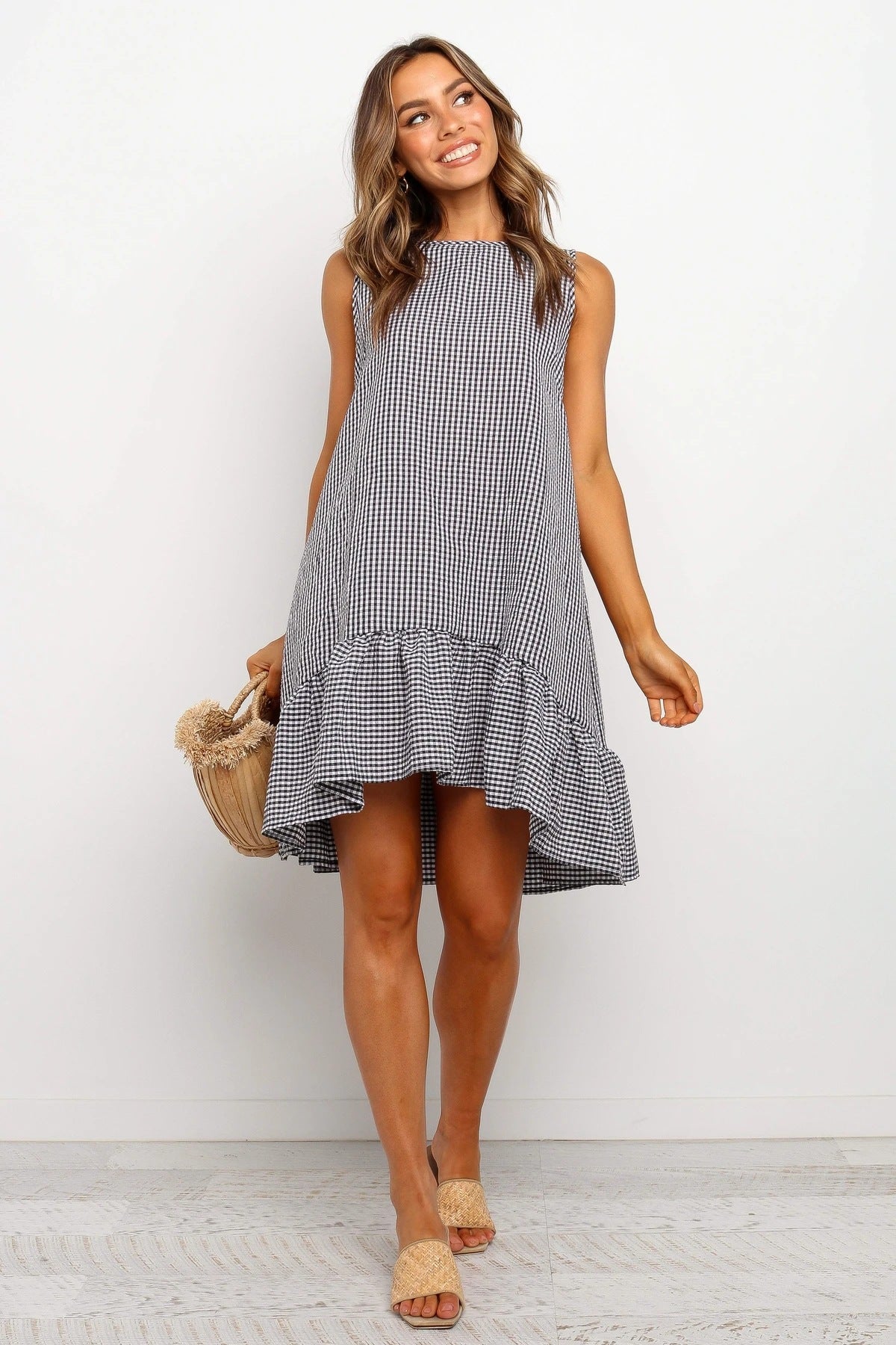 Virna Pocketed Gingham Tiered Babydoll Dress Black