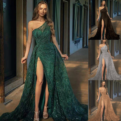 off Shoulder Split Maxi Dress Toast Dress Sequin Sling Evening Dress