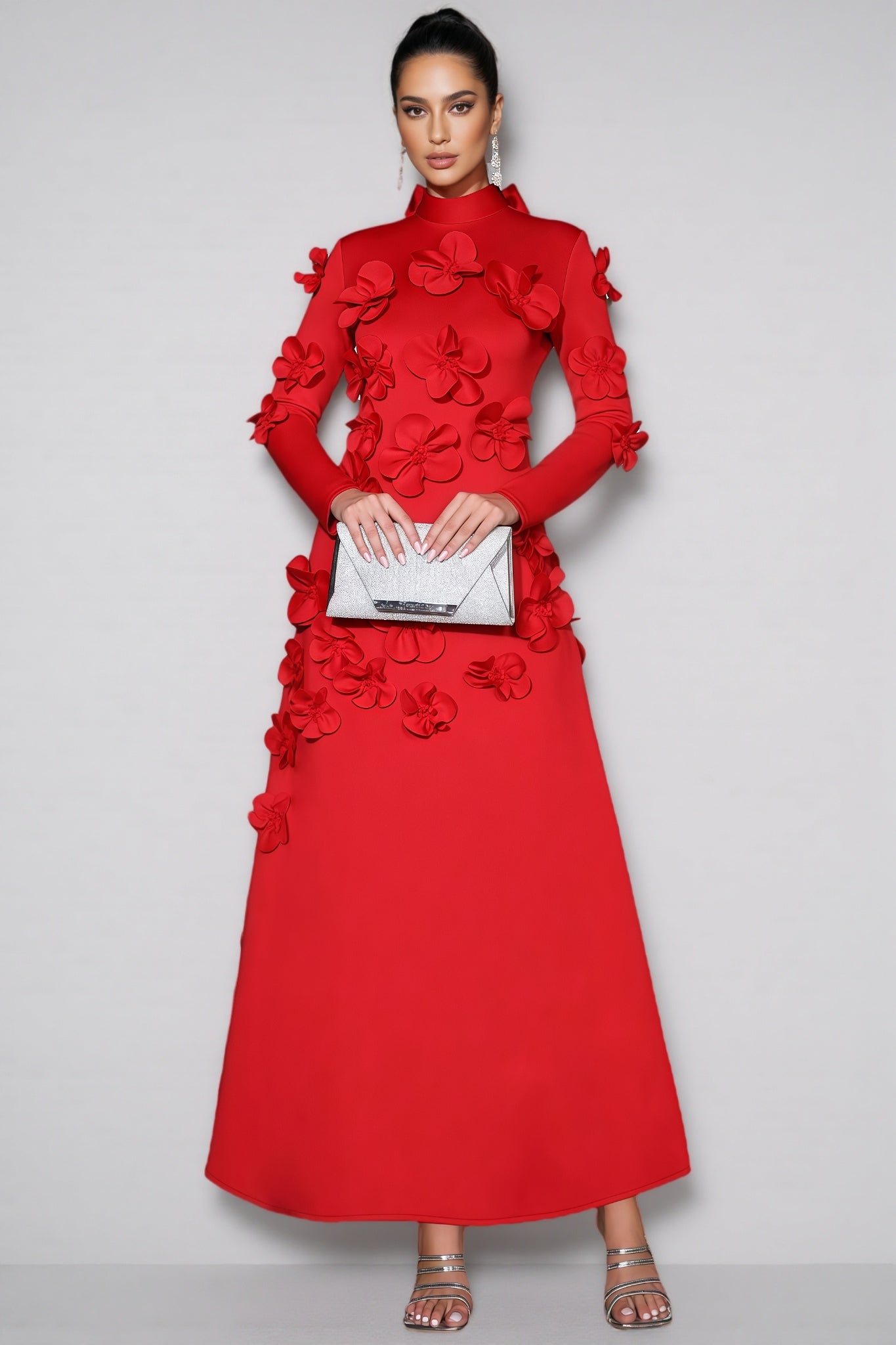 Yamaly Red 3D Floral Maxi Dress