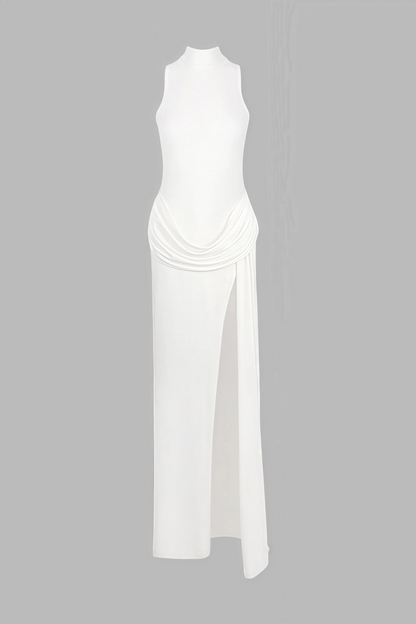 Jacinda White Backless Pleated Slit Maxi Dress