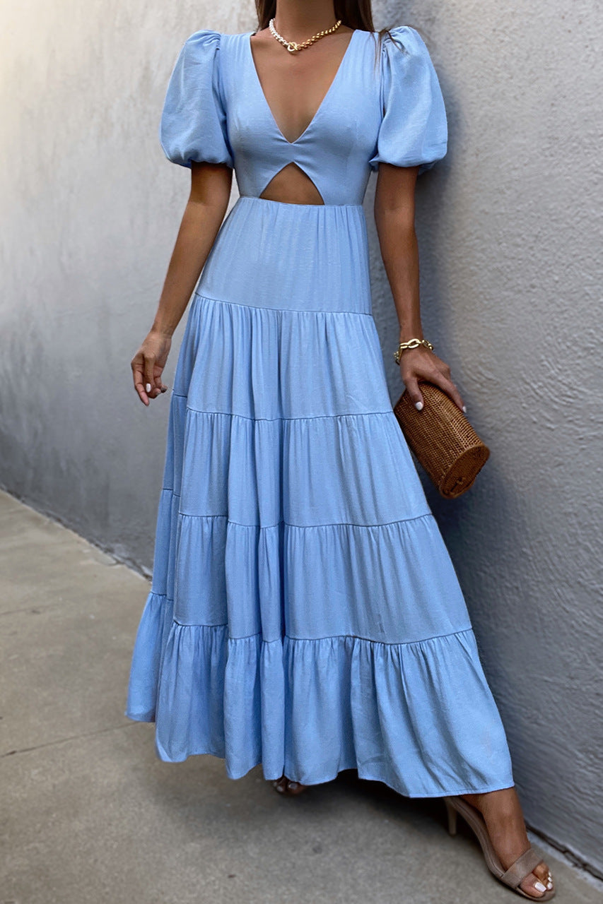 Adeline Pocketed Tie Front Tiered Maxi Dress