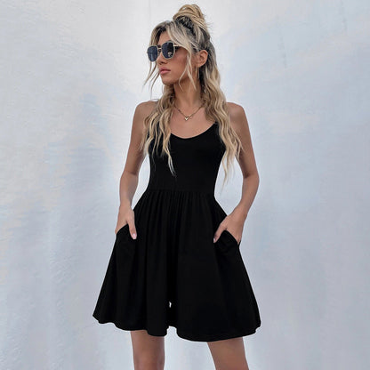 Fine By Me Pocketed Smocked Dress Black