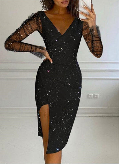 Ofelia Effortless Women's Evening Dress with Transparent Sleeves and Glittering Star Motif Designer Edit