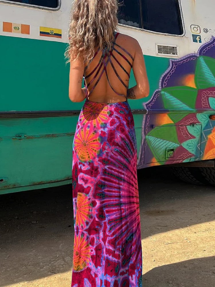 Abstract Floral Printing Backless Dress